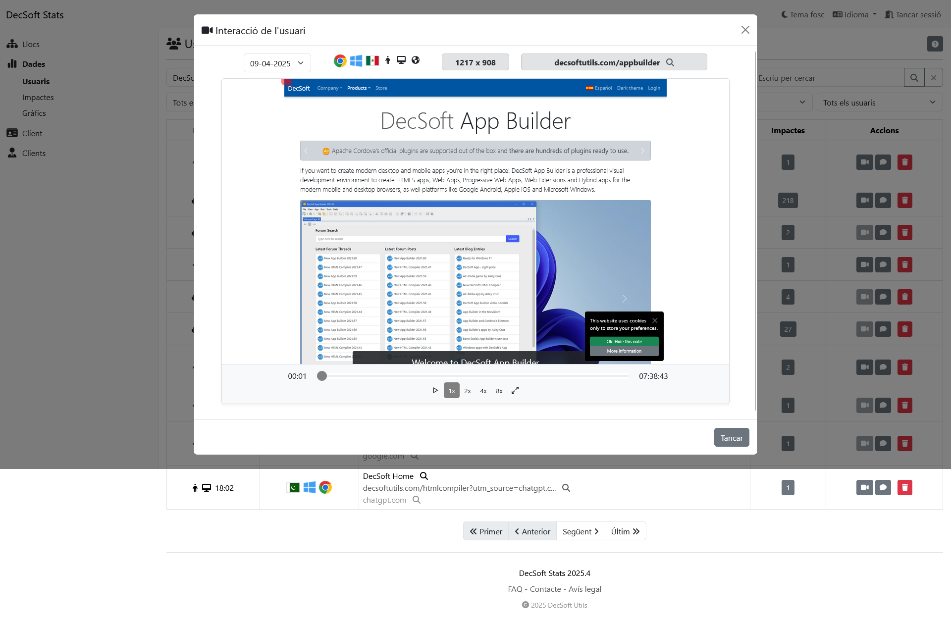 Feu clic aquí per veure aquesta imatge en pantalla completa. Tauler de control de clients de DecSoft Stats