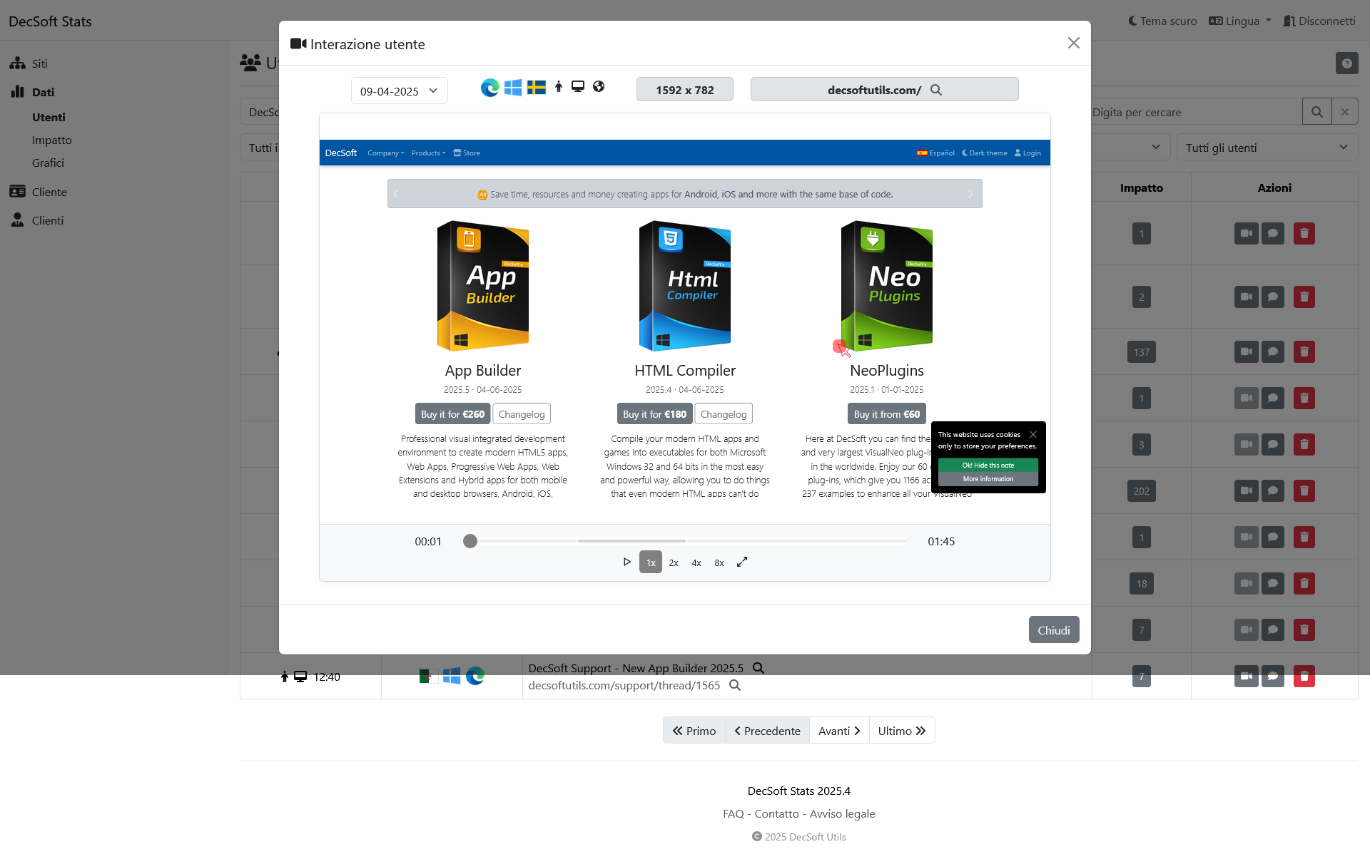 Clicca qui per vedere quest'immagine a schermo intero. Dashboard clienti DecSoft Stats