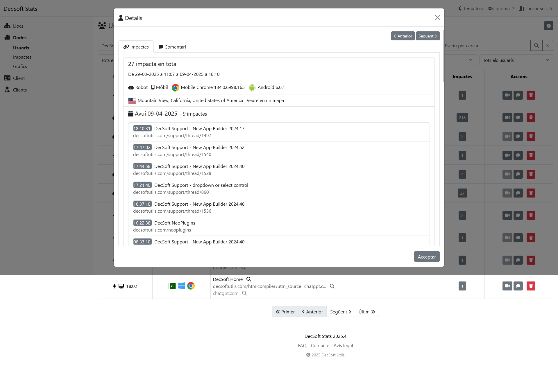 Feu clic aquí per veure aquesta imatge en pantalla completa. Tauler de control de clients de DecSoft Stats
