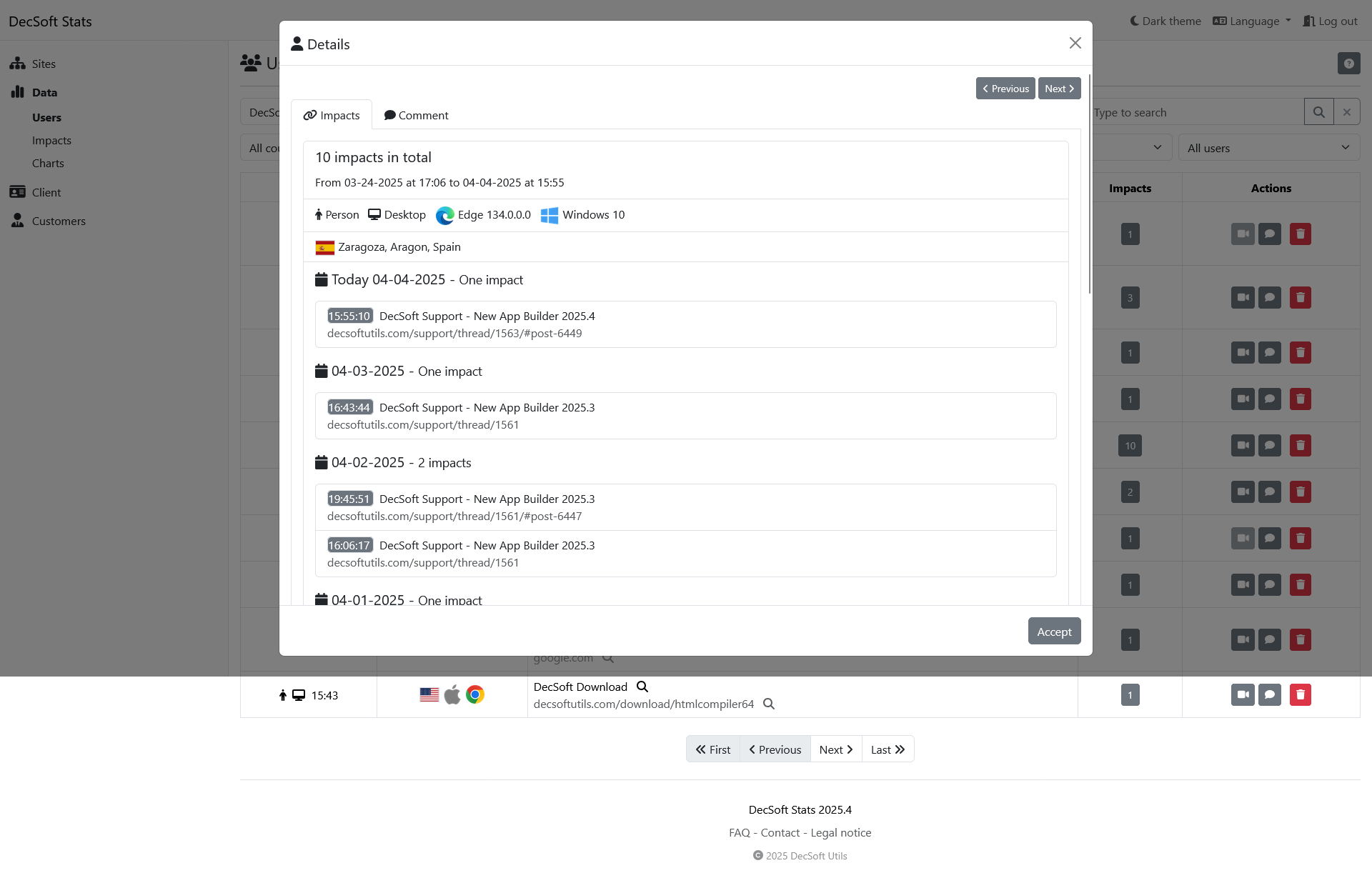 Click here to see this image in full screen. DecSoft Stats customer dashboard