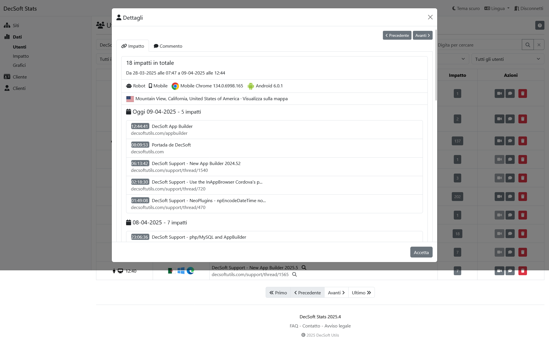 Clicca qui per vedere quest'immagine a schermo intero. Dashboard clienti DecSoft Stats